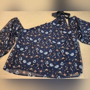 Soncy Women's Navy Blue Floral Cold-Shoulder Top With Tie Sz 22-24 Coquette Sexy